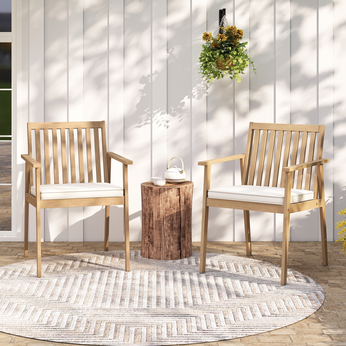 HW74388WH-2 Patio Dining Chairs - Outdoor Acacia Wood Chairs with Removable Padded Cushion, Oak - 2 Piece