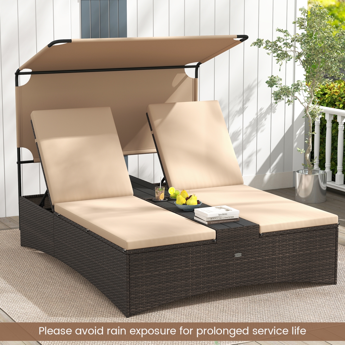 HW74738BN Outdoor Daybed with Adjustable Backrests 2-Person PE Rattan Patio Bed, Brown