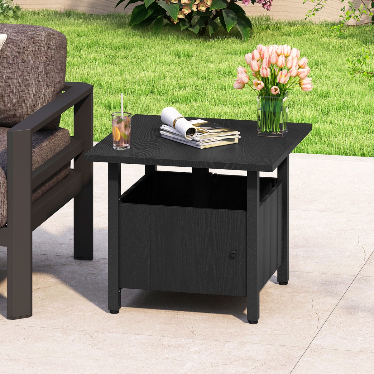 NP12575DK Outdoor Side Table with 1.89 in. Umbrella Hole Patio Table Base Stand, Black