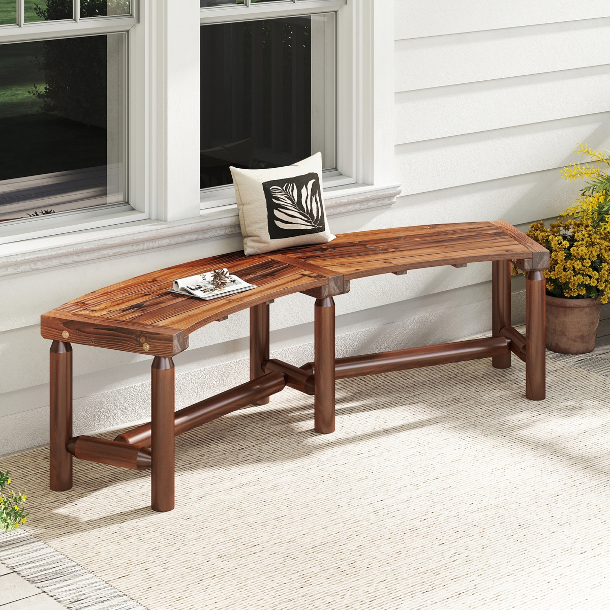 NP12667BN Patio Solid Wood Curved Fire Pit Bench - Outdoor Backless Loveseat, Rustic Brown