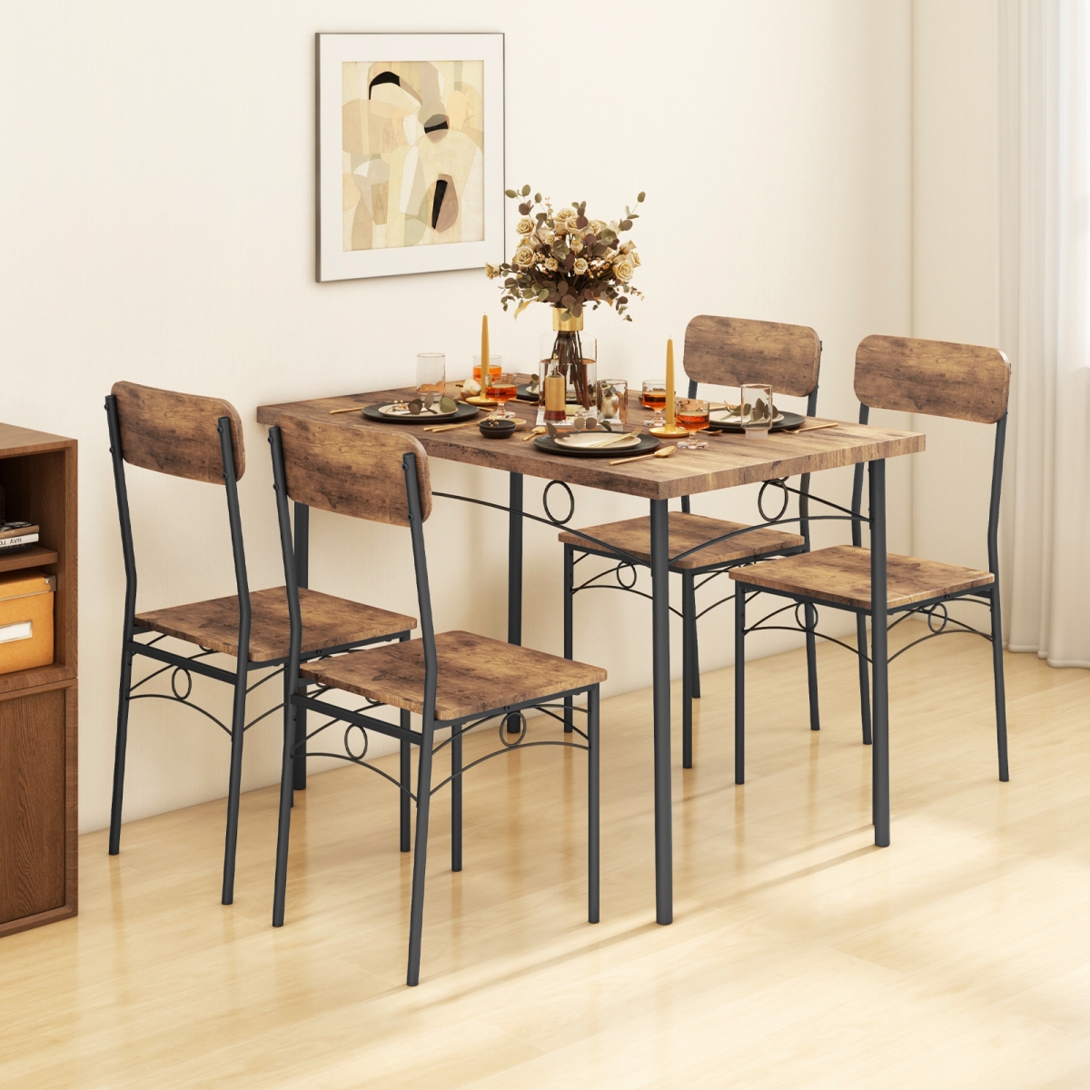 KC57833CF Industrial Dining Table Set for Small Place Apartment, Brown - 5 Piece