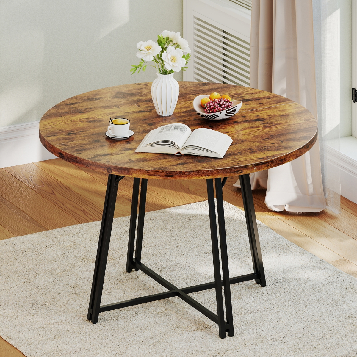 KC58202CF 47 in. Dining Table for 4-6 People Round Kitchen Table with Cross Base, Rustic Brown
