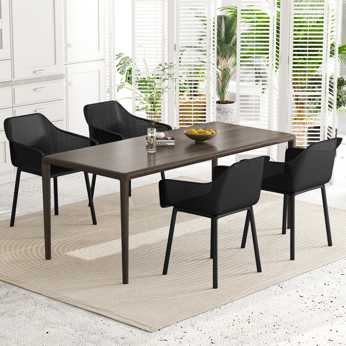 KC58458DK-4 Modern Plastic Dining Chairs - Kitchen Armchairs with Breathable Mesh Backrest, Black - Set of 4