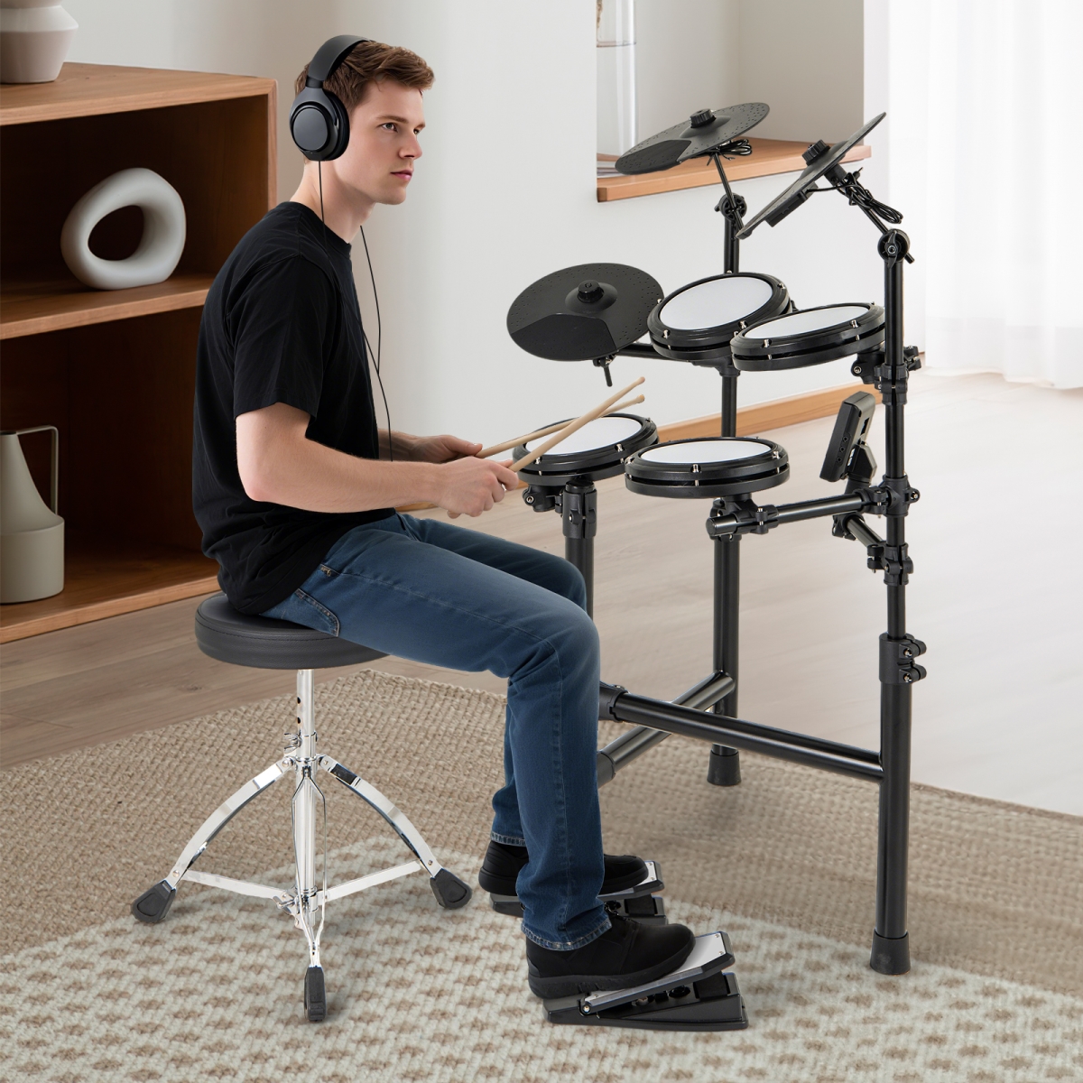 MU10122 Electric Drum Set Foldable Drum Kit with 10 Demos & USB MIDI & 2 Drumsticks, Black & White