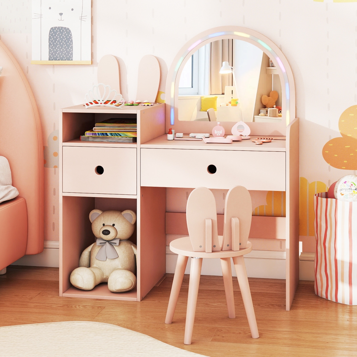 HY10440PI Kids Vanity Desk & Chair Set with Lights Open Shelves, Pink