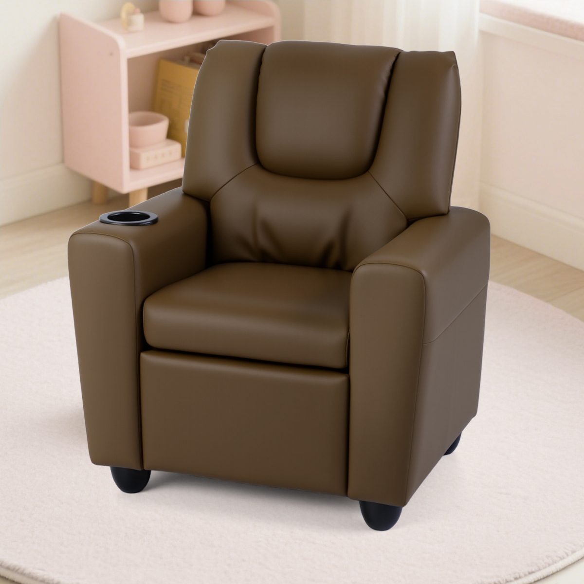 HY10458CF Kids Recliner Chair - Push Back Toddler Reclining Armchair with Cup Holder, Brown