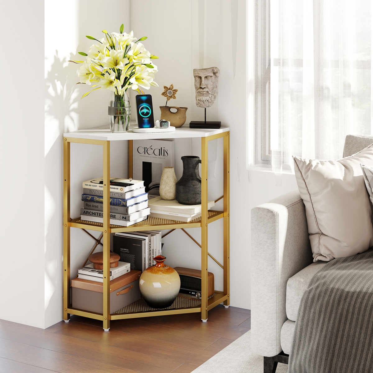 JV12327US-WH Corner Printer Stand with Power Outlet 3-Tier Storage Rack with Adjustable Shelf, White