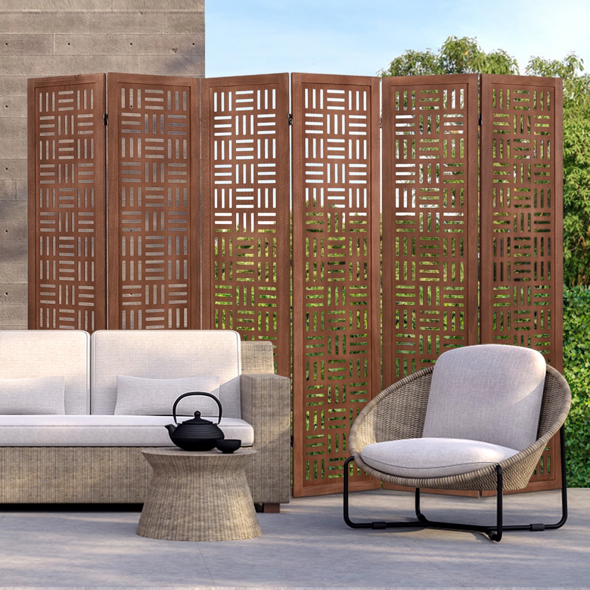 JV12008-6 6-Panel Solid Wood Room Divider Folding Partition Stand, Walnut