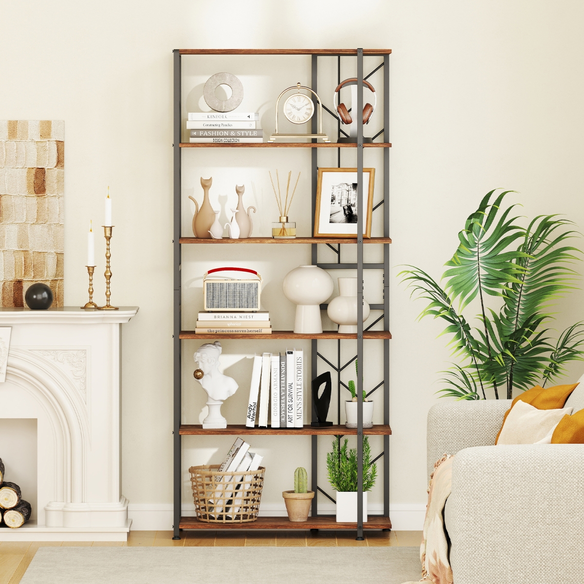 JV12024CF 6-Tier Bookshelf Modern Geometric Bookcase with Heavy-Duty Metal Frame & Anti-Tipping Kits, Rustic Brown