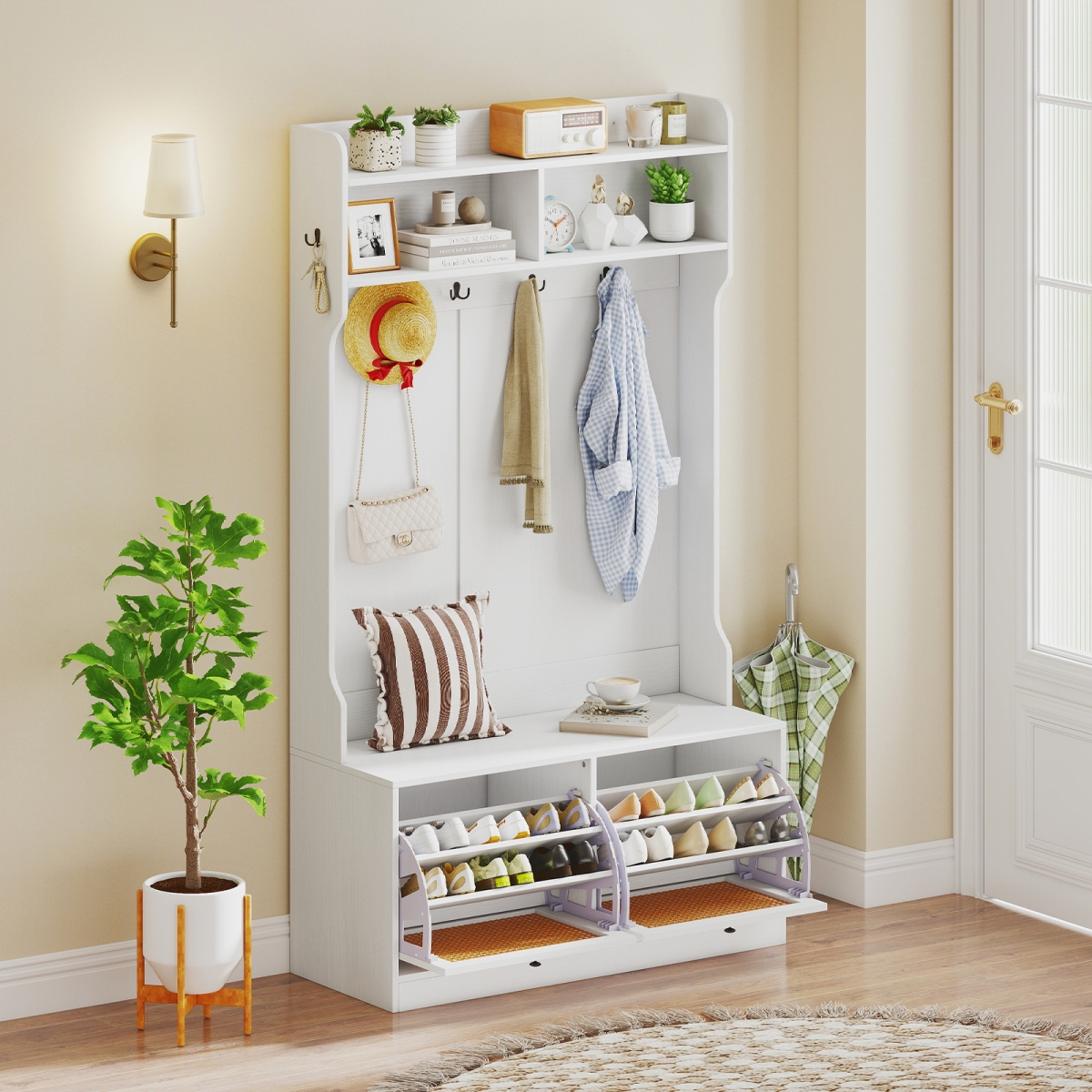 JV12031WH 4-in-1 Hall Tree with Coat Rack & Flip Drawers for Entryway Mudroom, White