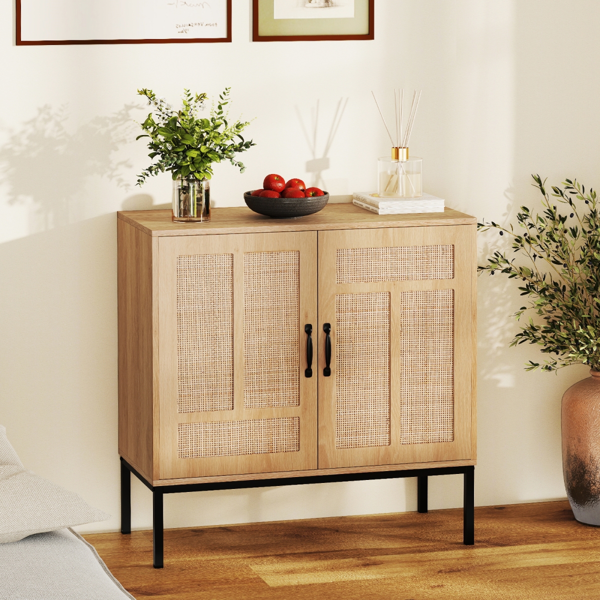 JV11838NA Boho Storage Cabinet with Asymmetrical Pattern Doors for Kitchen, Natural