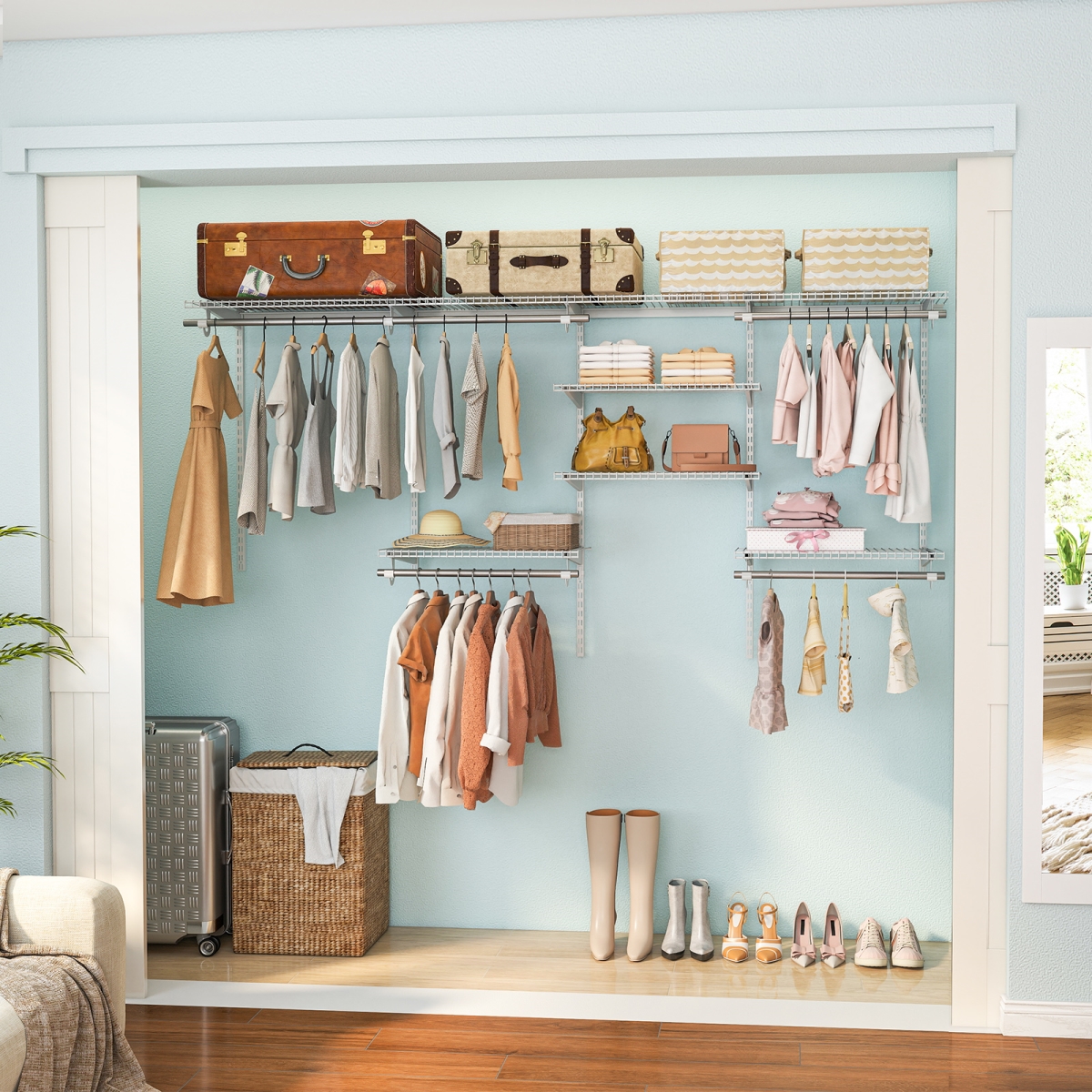 JZ10353WH 4-8 ft. Closet Organizers & Storage System with Hanging Rod for Laundry Bedroom, White
