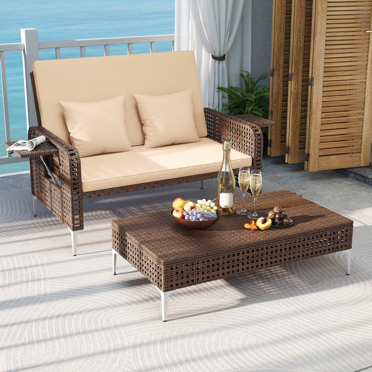 HW74340BN Patio Rattan Daybed - Wicker Loveseat & Ottoman with Adjustable Backrest, Brown - 2 Piece