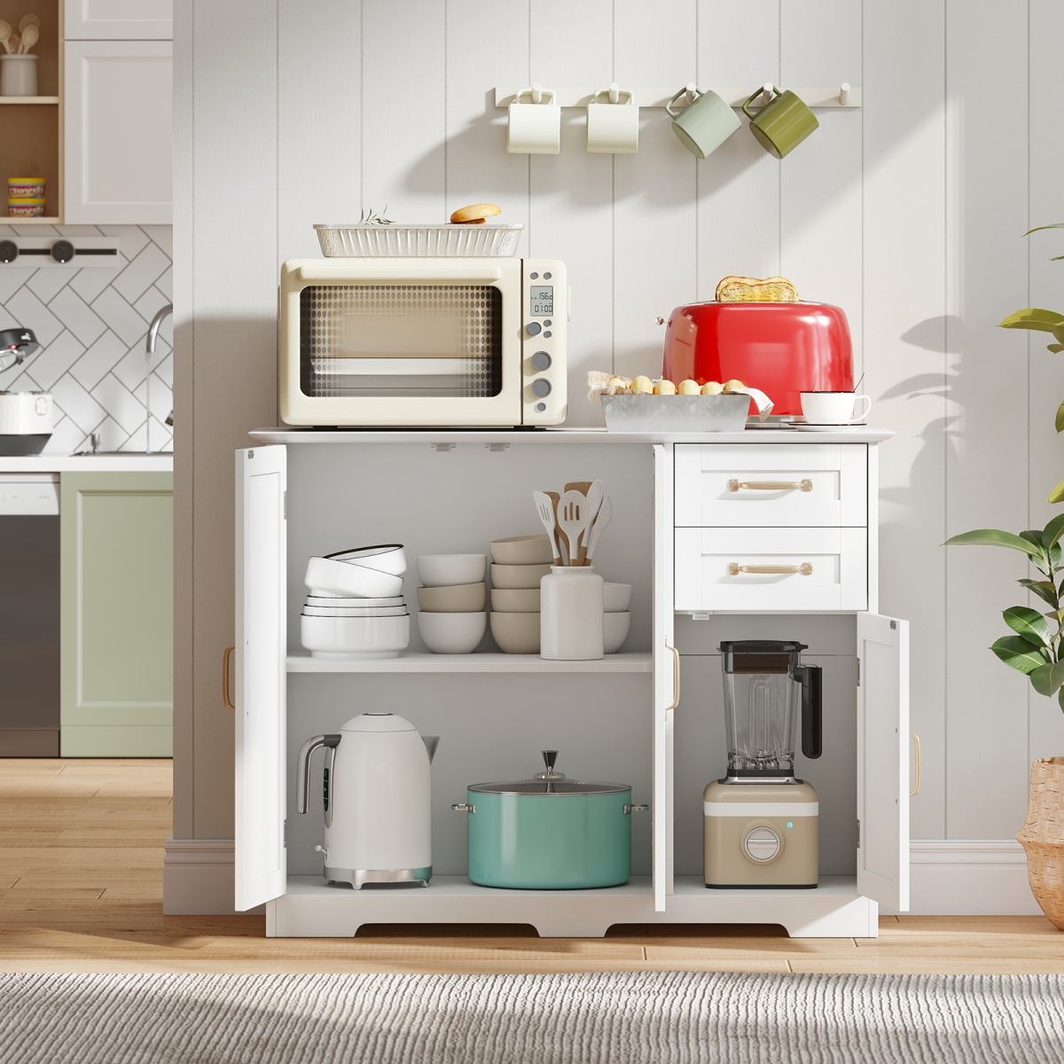 JV13503WH 40 in. Modern Kitchen Sideboard Buffet Cabinet with 2 Drawers & Adjustable Shelf, White