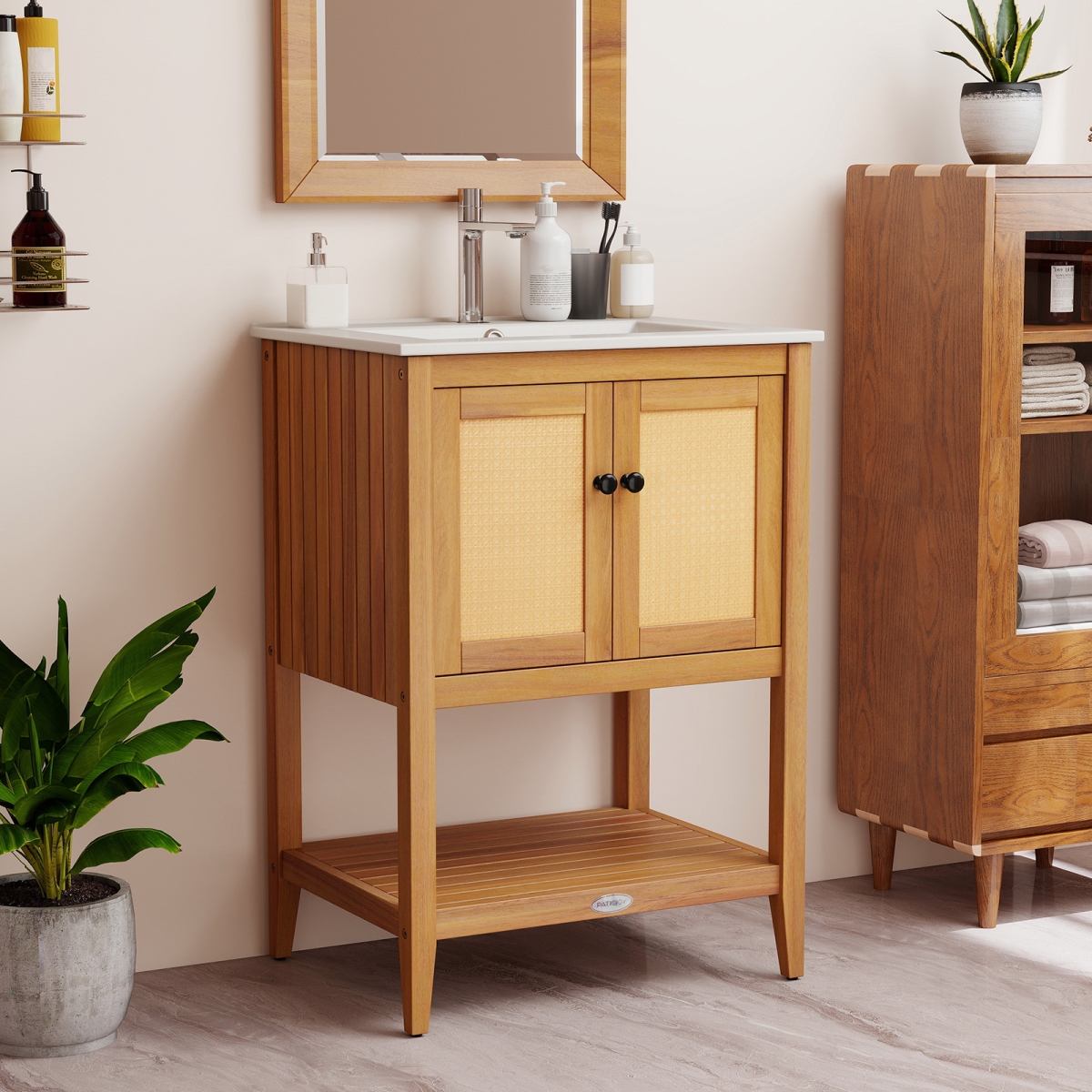 JV13556 Bathroom Vanity with Ceramic Sink 2 Rattan Doors & Slatted Shelf, White & Natural