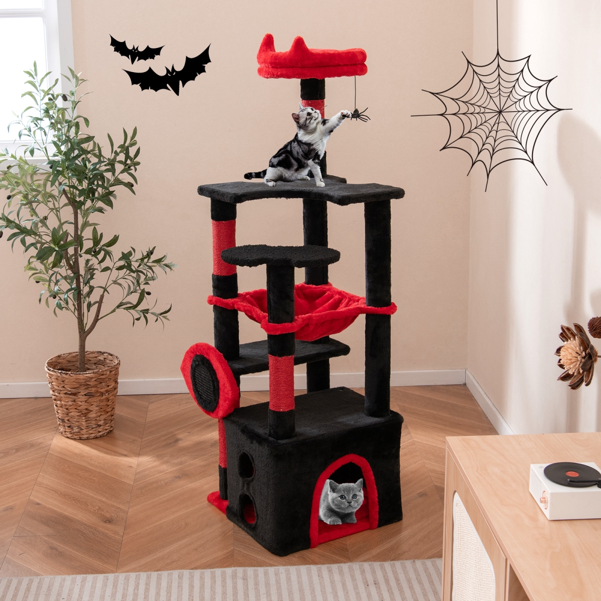PV10316RE Gothic Cat Tree with Plush Perch & Spider Dangling Toy, Black & Red