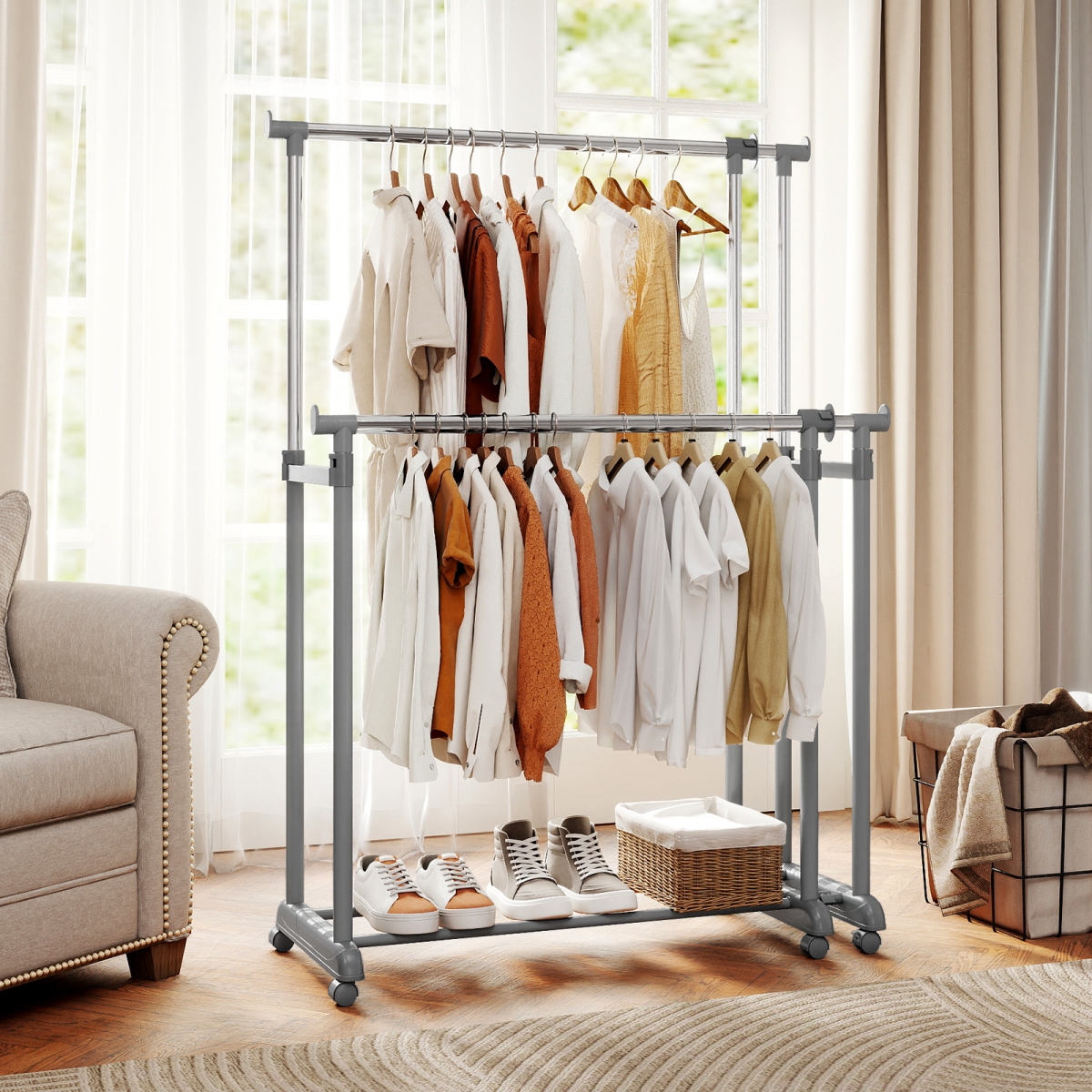JZ10337 Double Rod Clothes Rack Heavy-Duty Metal Garment Rack, Silver