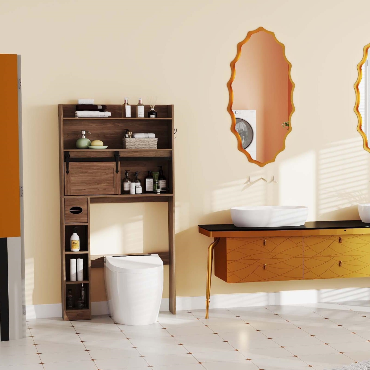 Modern Bathroom Suite - Over the Toilet Cabinet - Smart Toilet Bidet - Oval Sink - Floor Cabinet & Clothes Dryer, Rustic Brown & White - 5 Piece