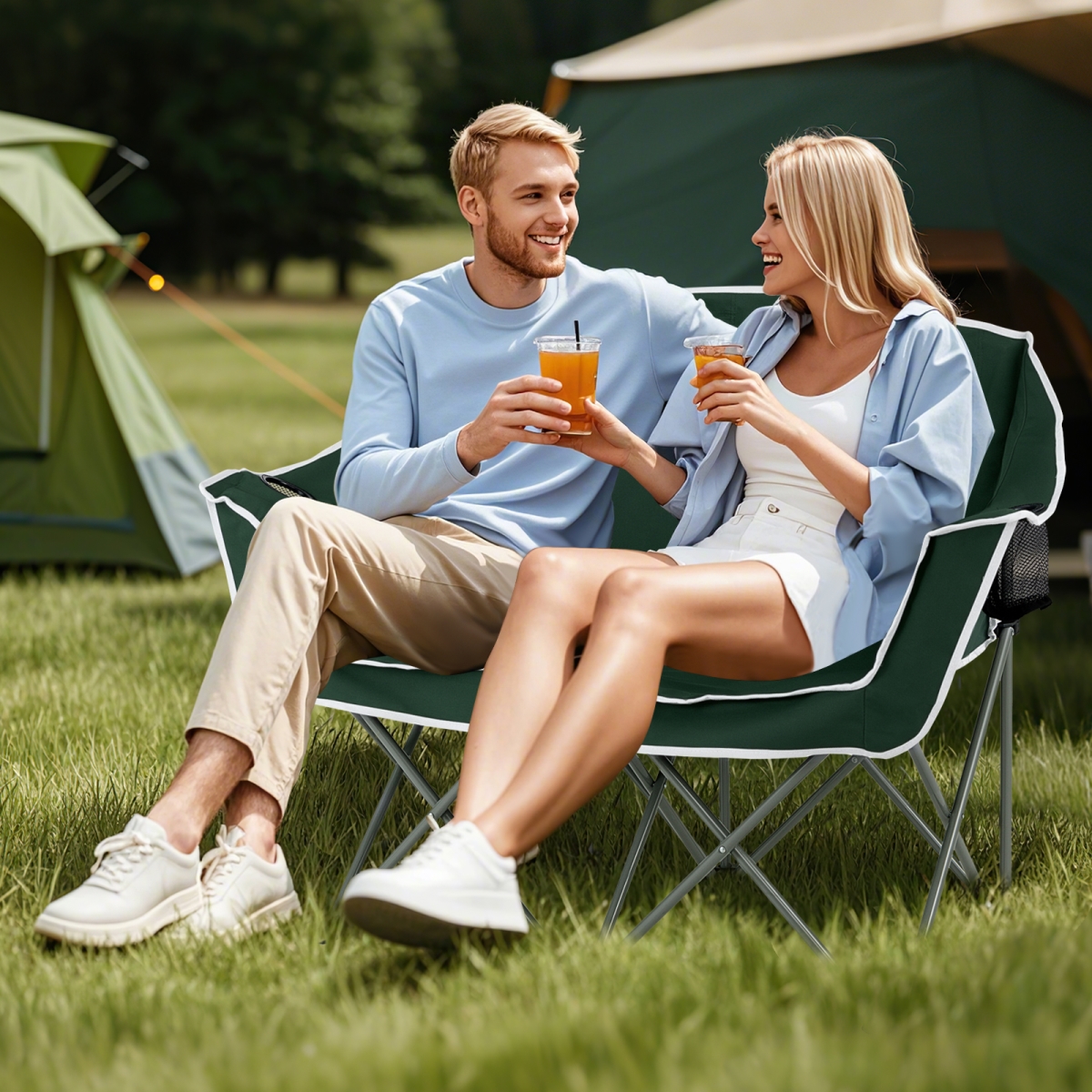 NP12370GN Duo Camping Chair Portable Oversized Loveseat with Armrests & Cup Holders, Green