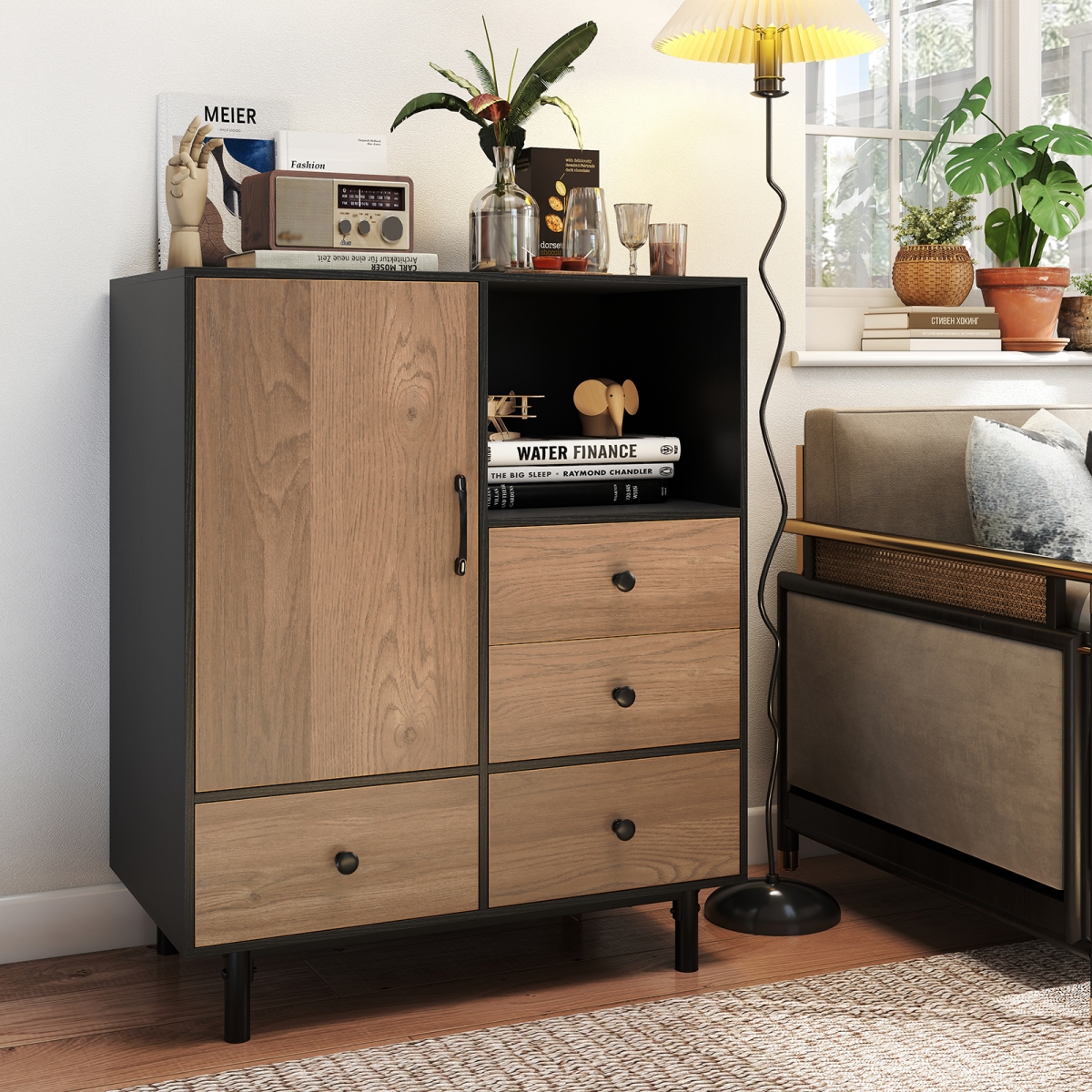 JV12677DK Buffet Sideboard Mid Century Modern Storage Cabinet with 4 Drawers & Open Compartment, Black