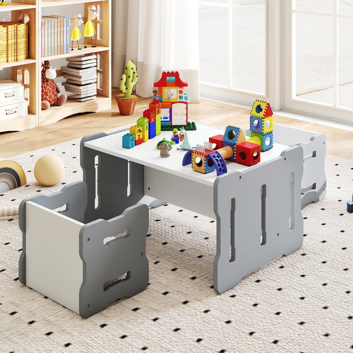 HY10260HS Toddler Set with 2 Stools & Activity Table, Gray - 3 Piece