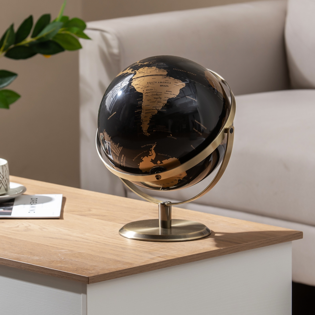 HZ10339GD 9 in. Metallic Black World Globe with Metal Stand, Golden