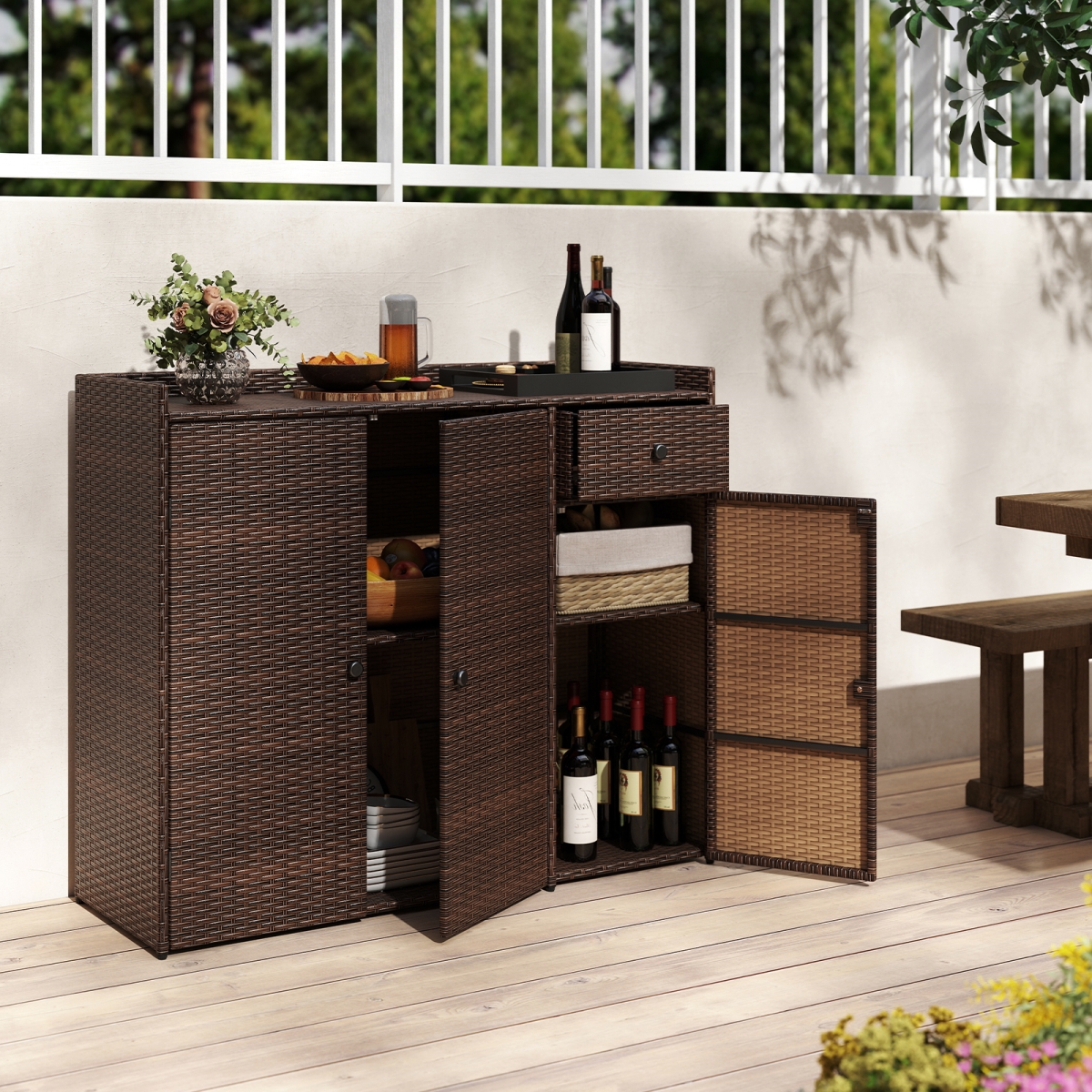 HW74212 Outdoor PE Wicker Storage Cabinet with 3 Doors for Deck, Mix Brown