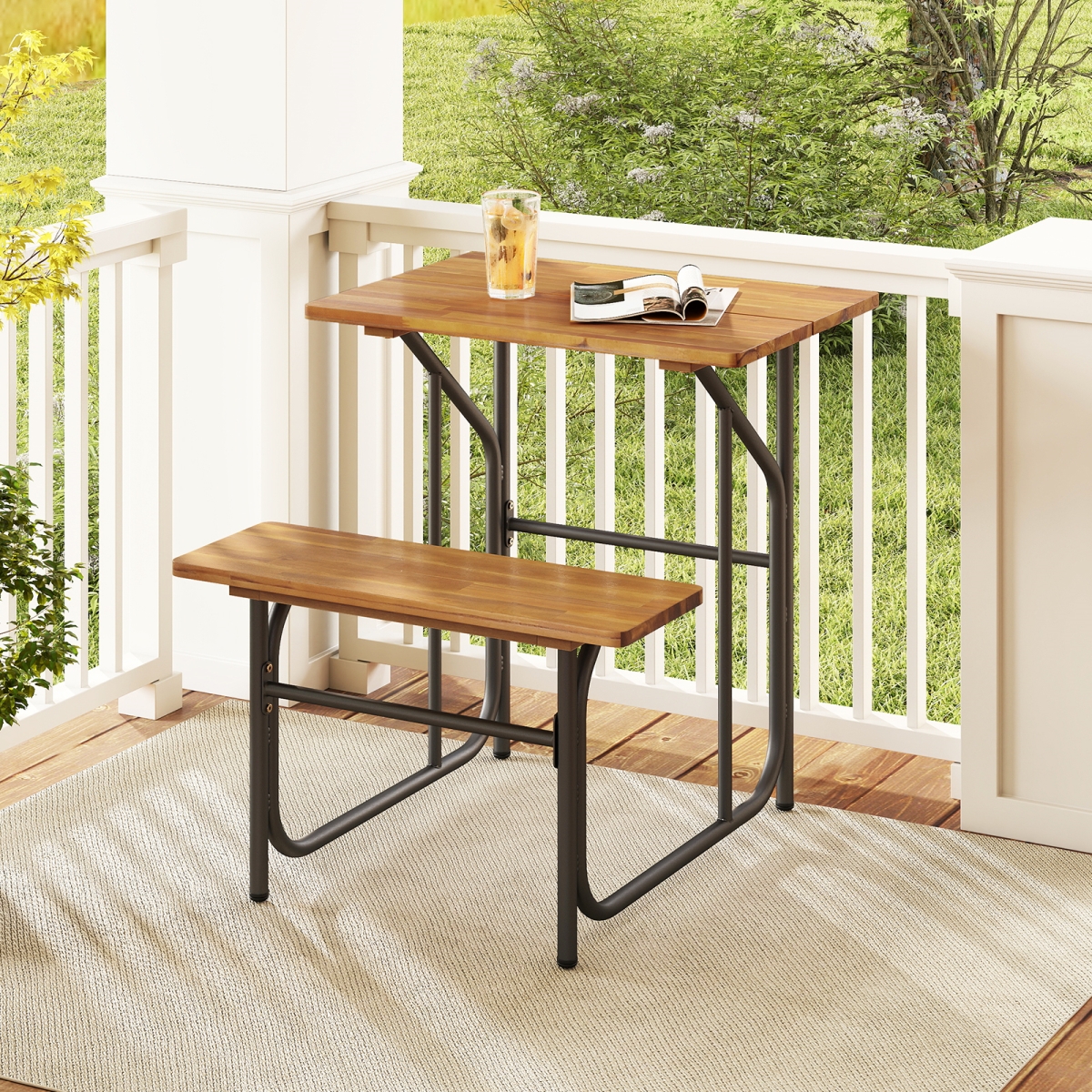 HW74256 Acacia Wood One-Side Patio Picnic Table & Bench Set, Black & Natural