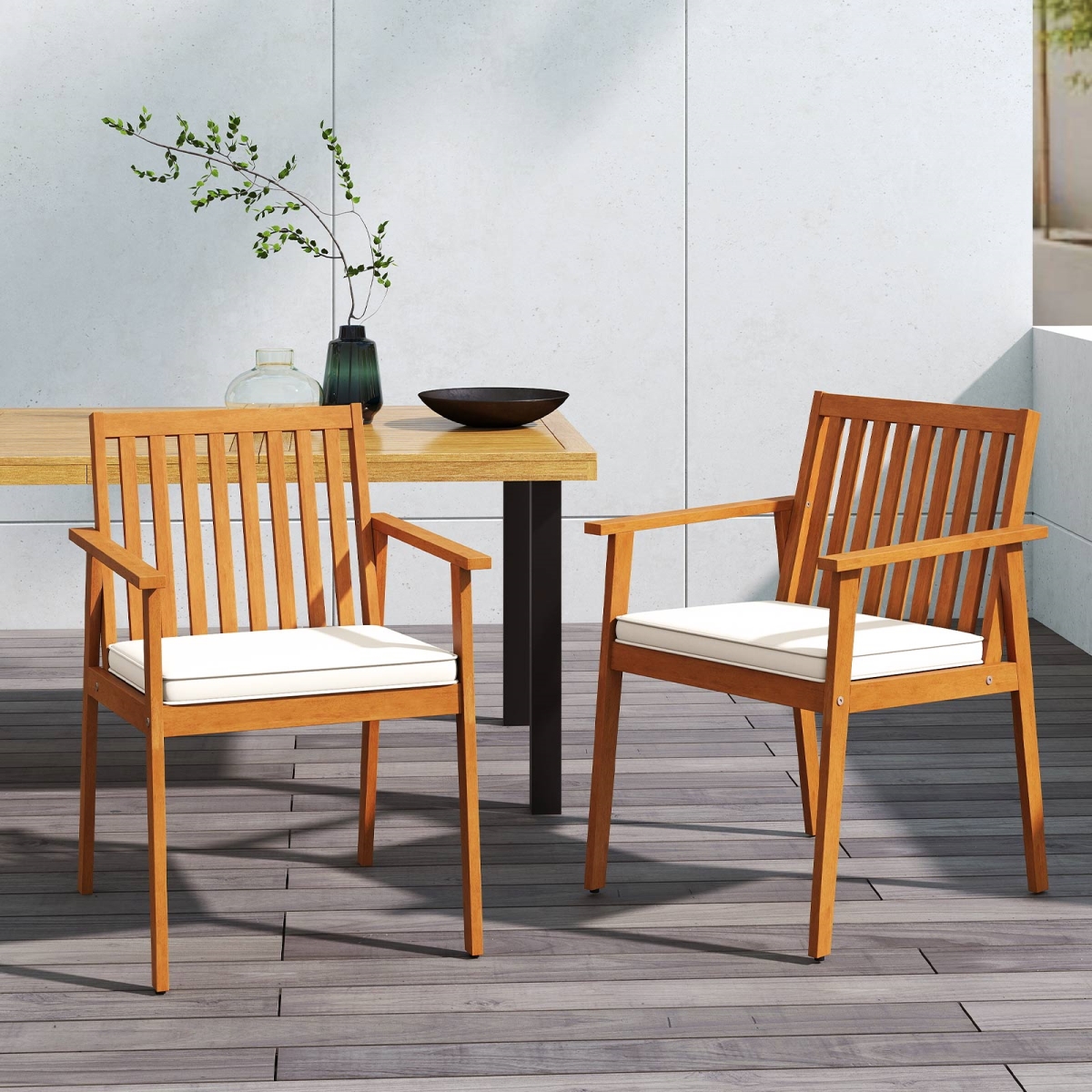 HW74386WH-2 Patio Dining Chairs - Outdoor Acacia Wood Chairs with Removable Padded Cushion, Natural - 2 Piece