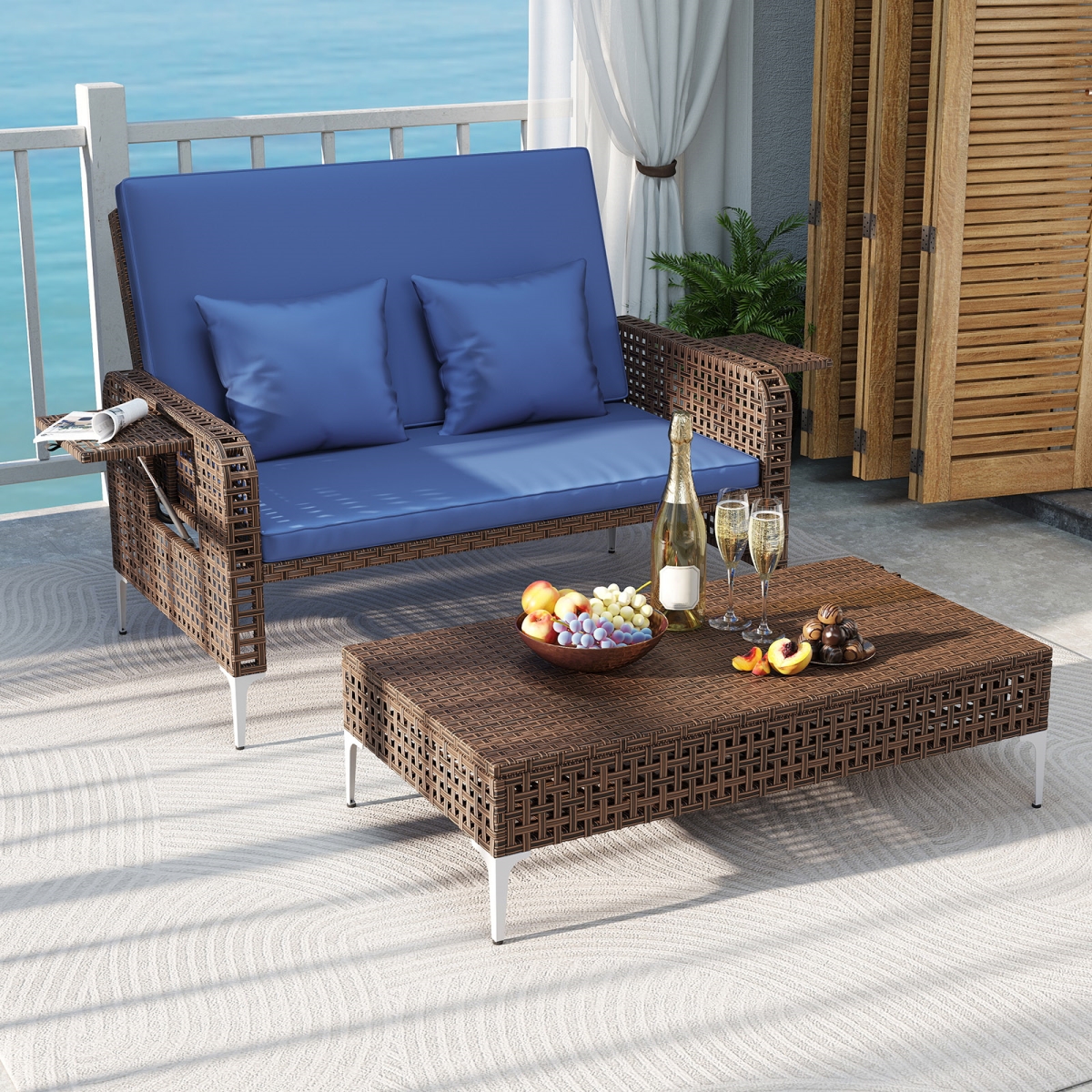 HW74340NY Patio Rattan Daybed - Wicker Loveseat & Ottoman with Adjustable Backrest, Navy - 3 Piece