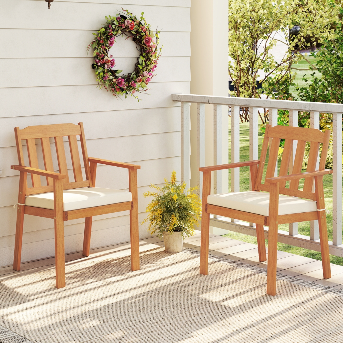 HW74377WH-2 Patio Dining Chairs - Outdoor Acacia Wood Chairs, White - 2 Piece