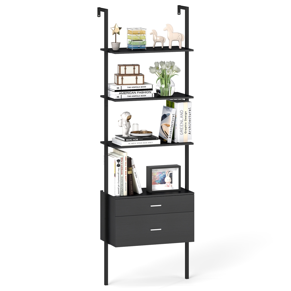 JV12215DK 6-Tier Ladder Bookcase with 2 Drawers & Metal Frame, Black