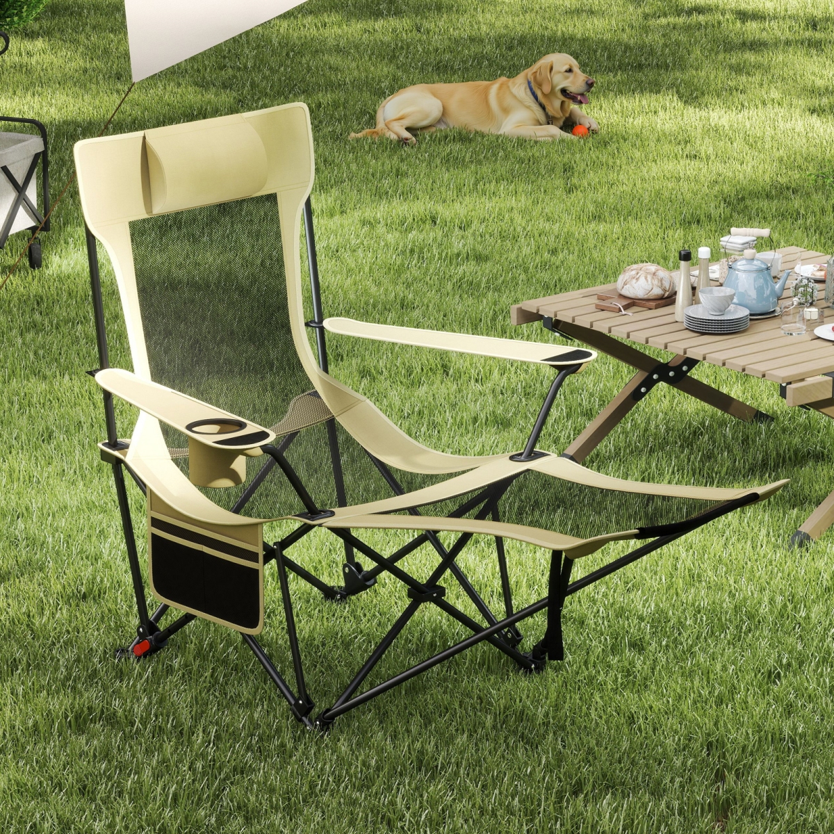 NP12446GN Reclining Camping Chair with Removable Footrest & Adjustable Backrest, Green