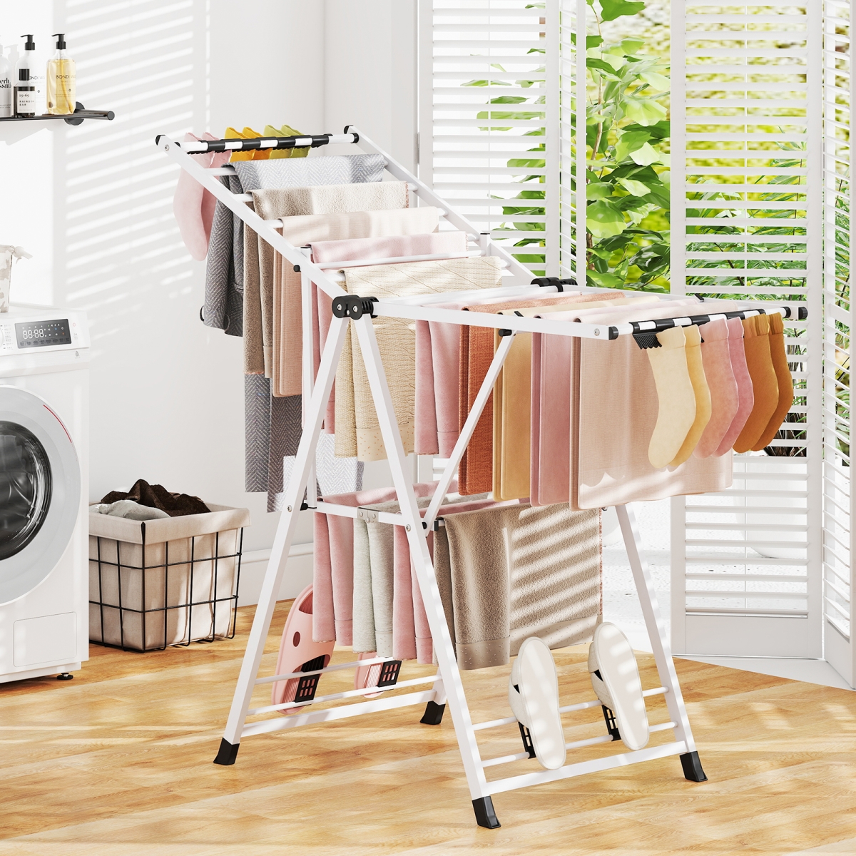 JZ10329WH Clothes Drying Rack with Height Adjustable Wings, White