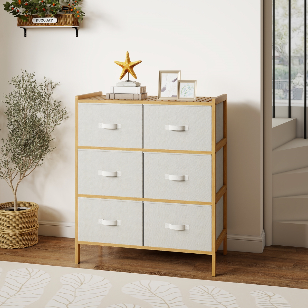 JV12452NA Fabric Dresser with 6 Drawers with 6 Folding Bins for Bedroom Living Room, Natural