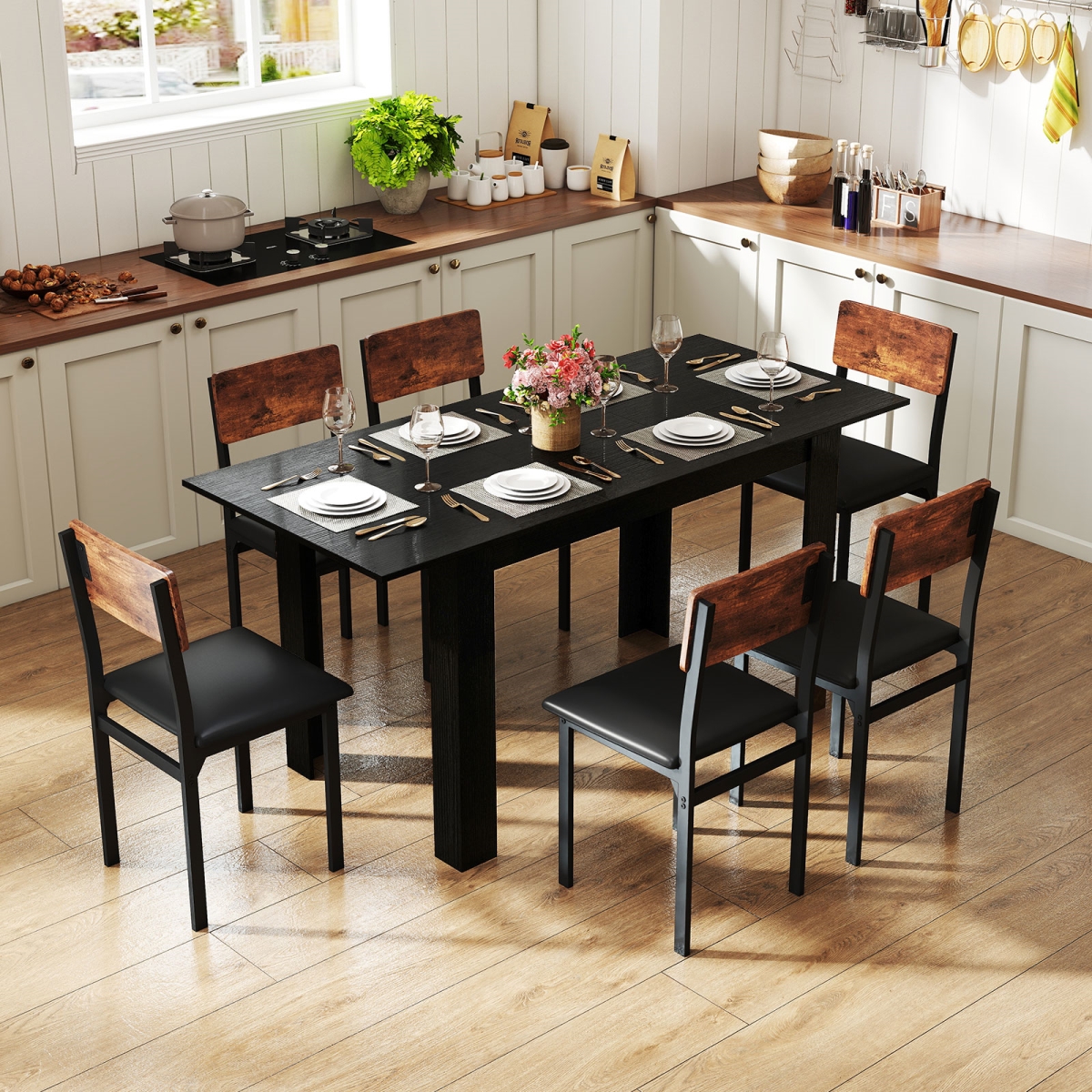 KC57828DK Extendable Dining Table for 4-8 People 47-62 in. Large Rectangular Kitchen Table, Black