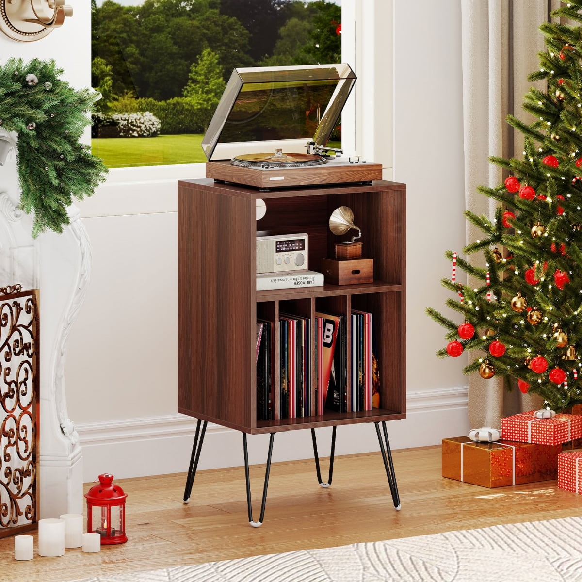JV12912US-WT Record Player Stand with Charging Station Turntable Stand with Vinyl Storage, Walnut