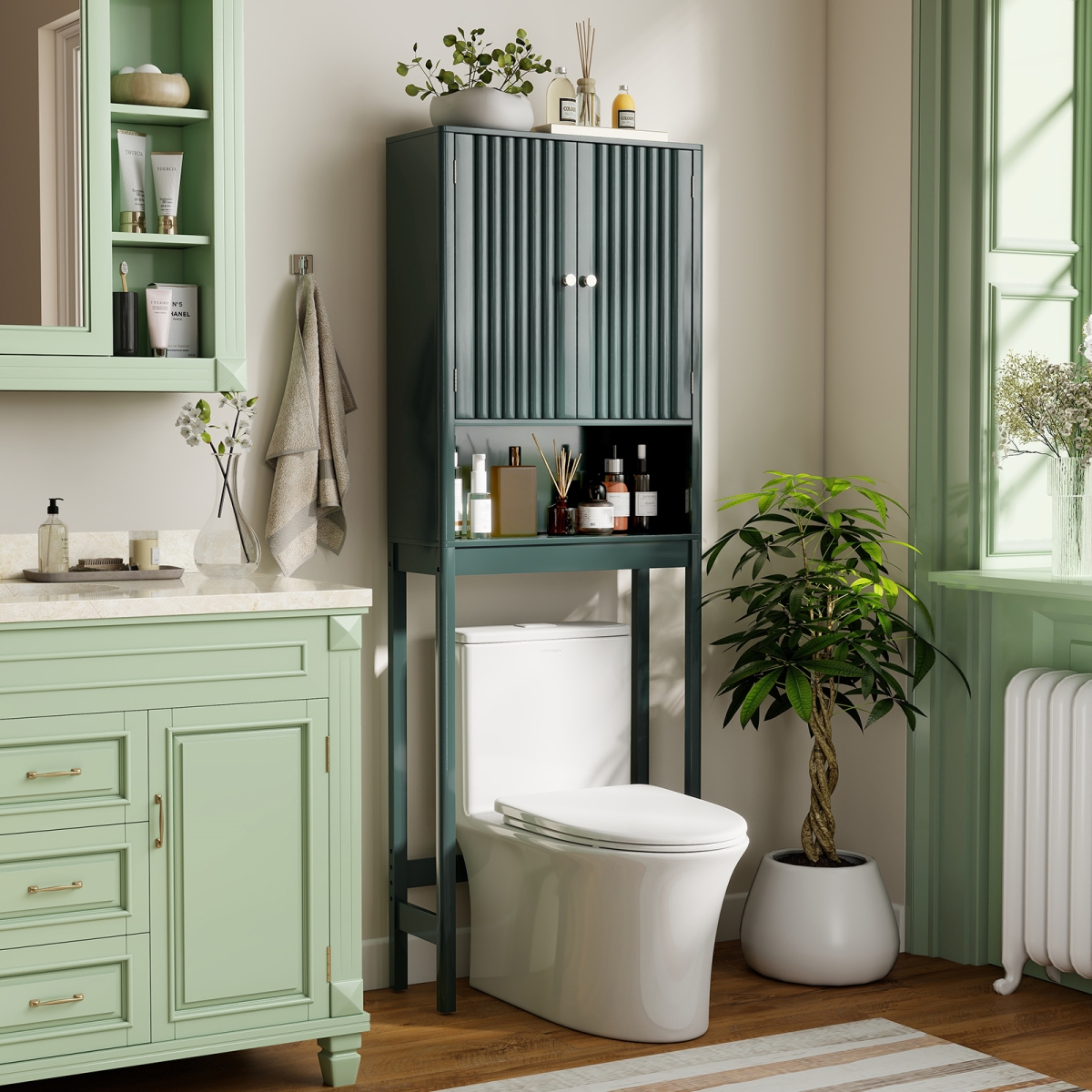 JV12943GN Over the Toilet Storage Cabinet with Fluted Doors, Green