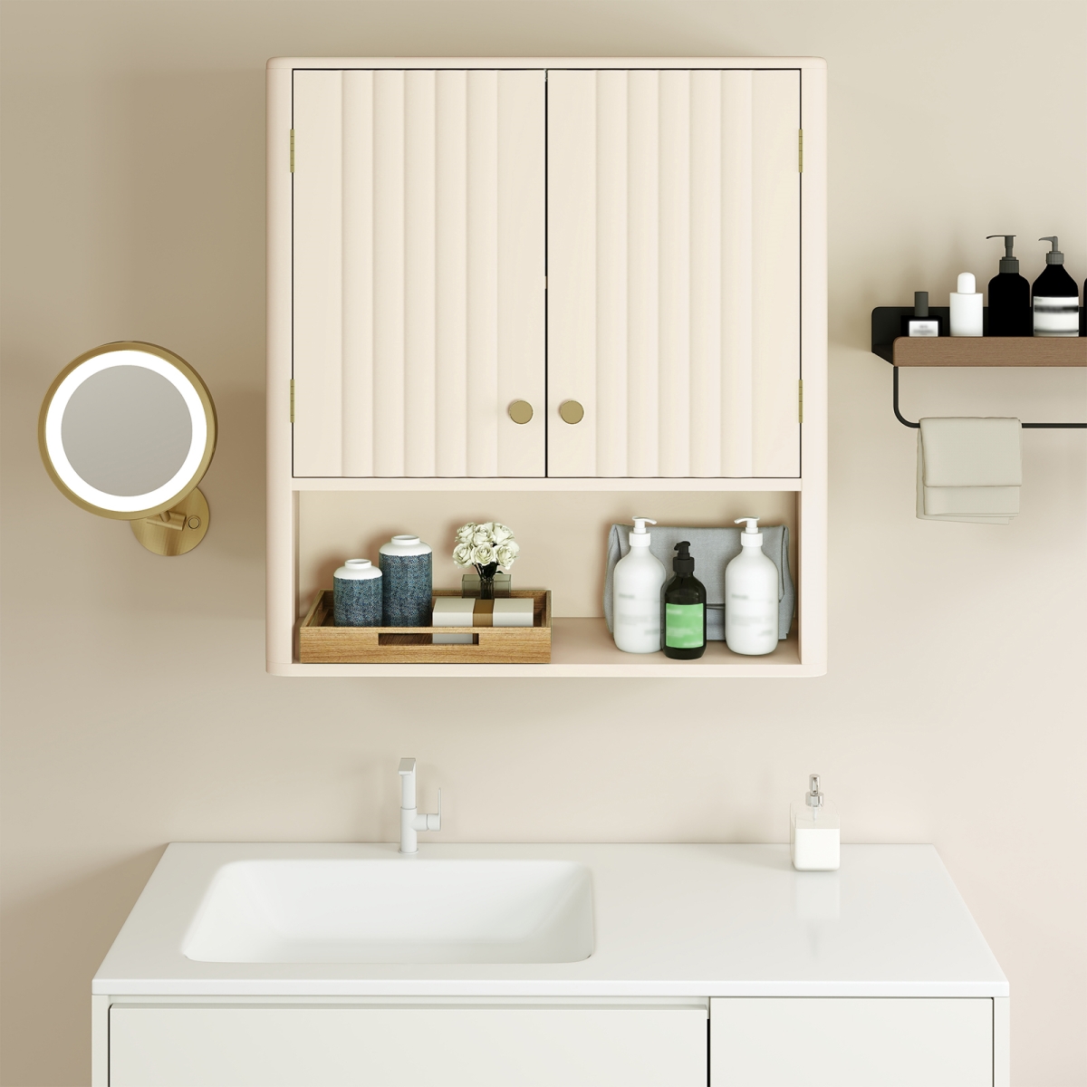 JV12944BE Fluted Bathroom Wall Cabinet with Open Shelf, Beige