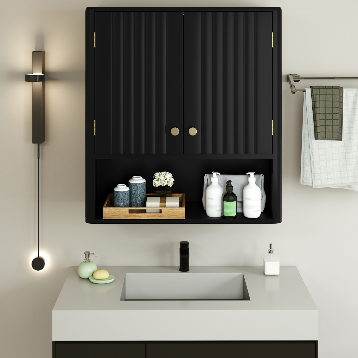 JV12944DK Fluted Bathroom Wall Cabinet with Open Shelf, Black