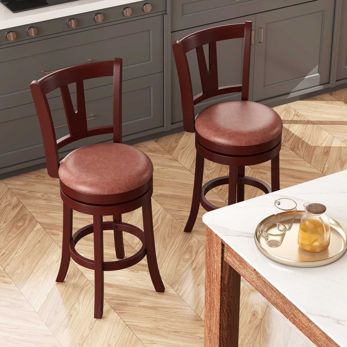JV12965CF-29 30 in. Counter Height Swivel Barstools with High Backs & Footrests, Cappuccino - Set of 2