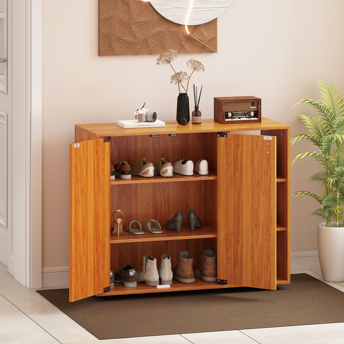 JV12999NA 3-Tier Shoe Cabinet with Doors with Adjustable Open Shelves for Entryway, Natural