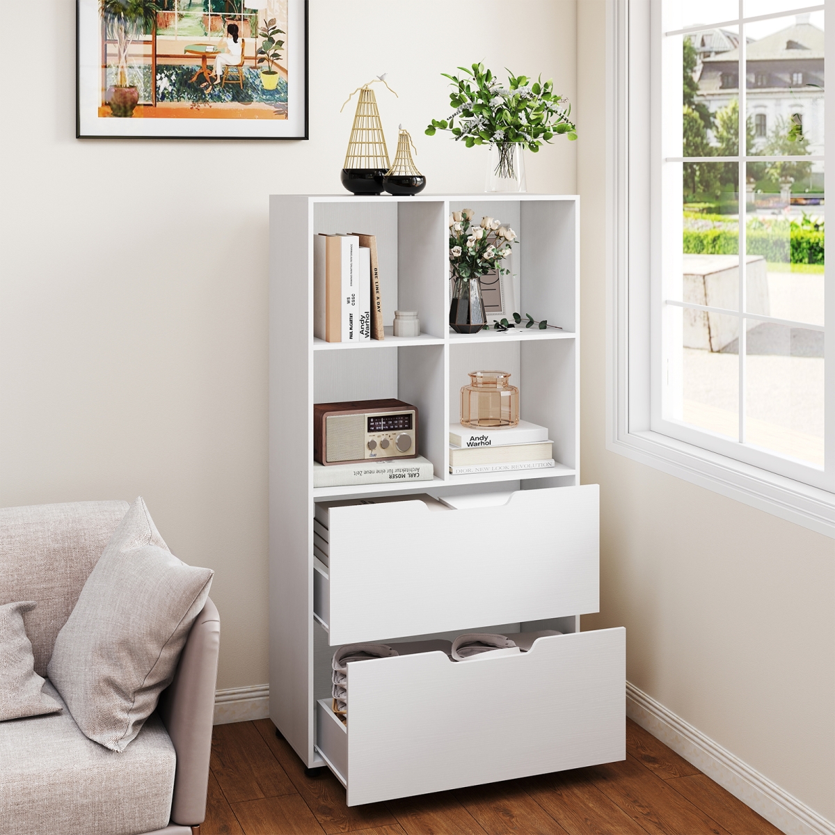 JV13188WH 51 in. 4-Cube Bookcase with 2 Drawers 5-Tier Tall Freestanding Bookshelf, White