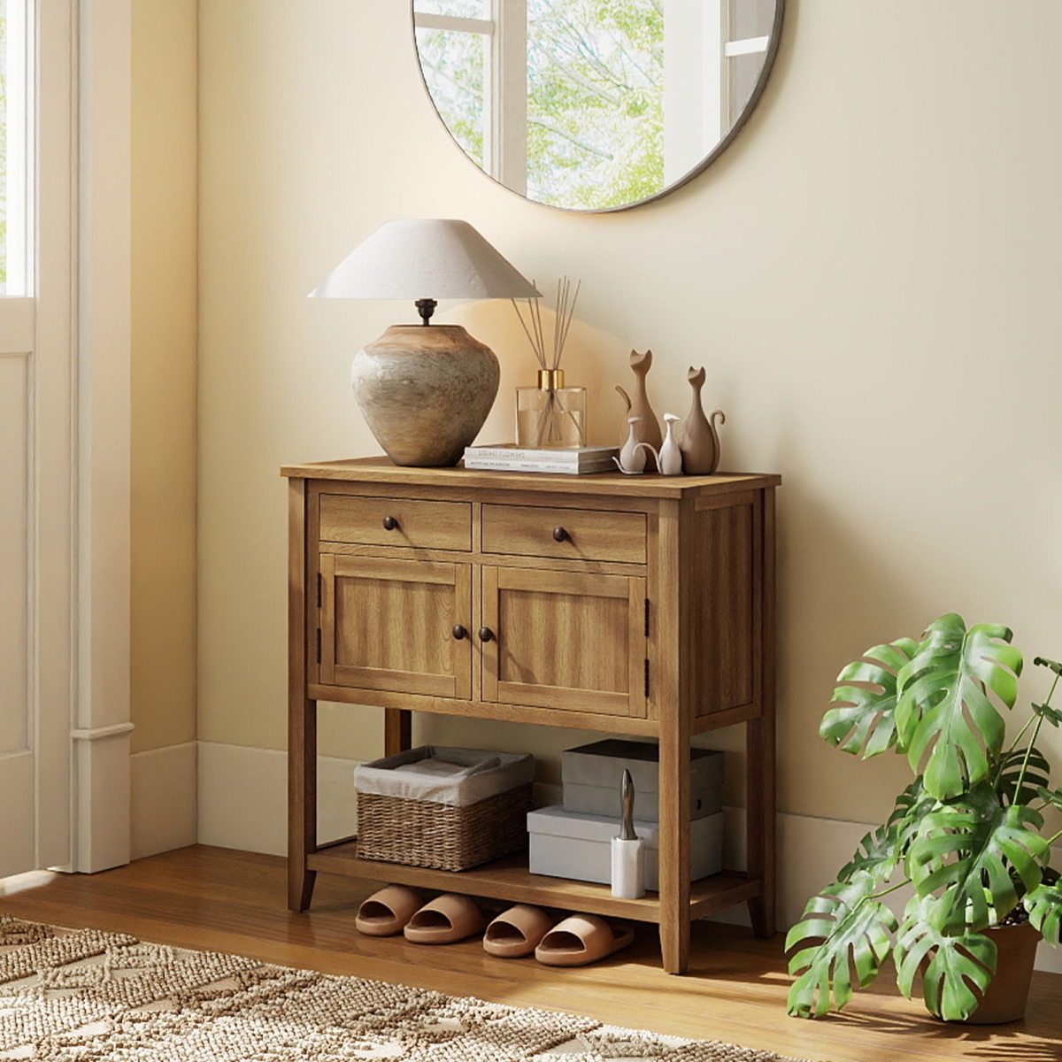 JV13335WN Mid-Century Console Table Wood Coffee Bar Buffet Sideboard with 2 Drawers, Walnut