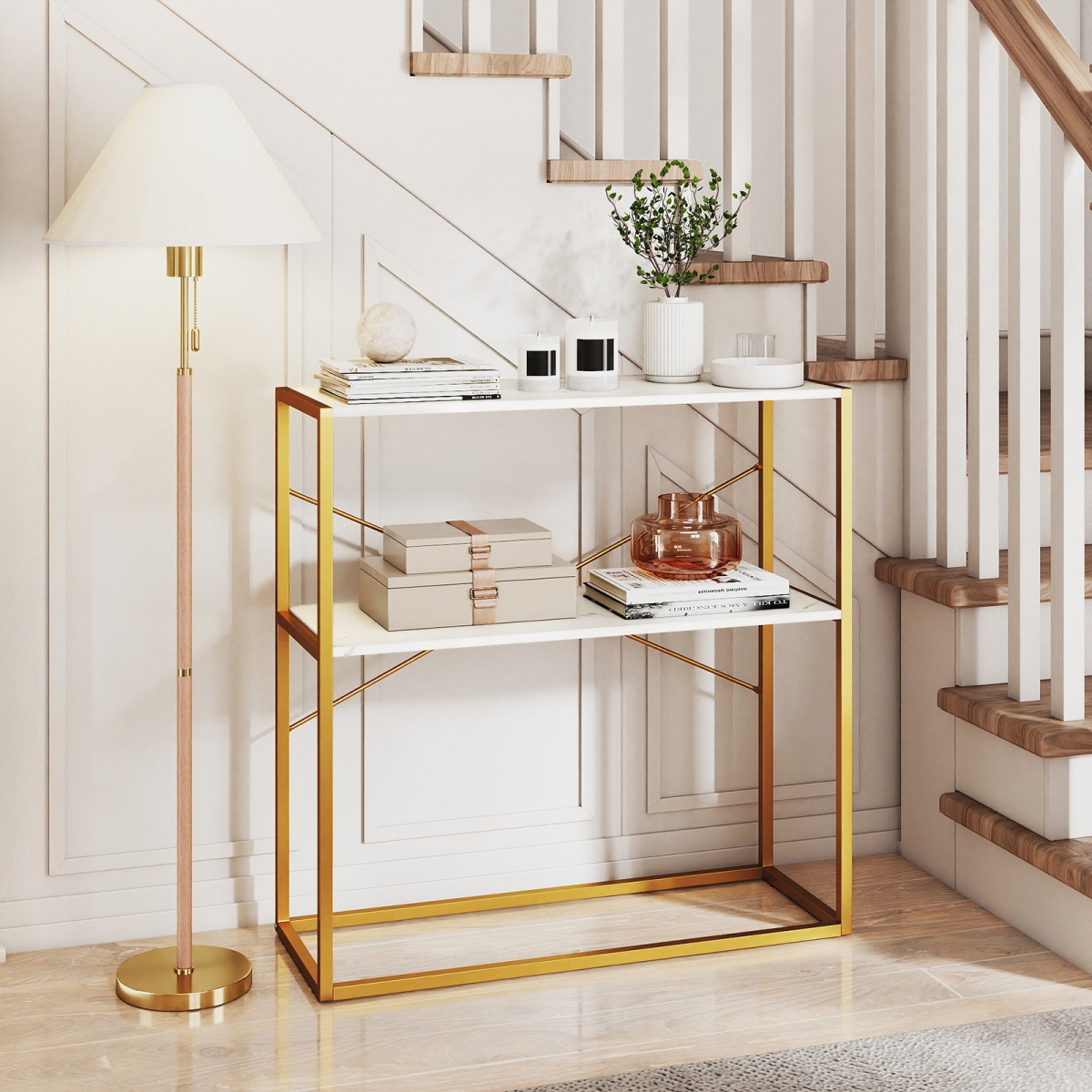 JV13358WH 36 in. Console Table - 2-Tier Entryway Table with Wooden Open Shelves & Metal Frame, White
