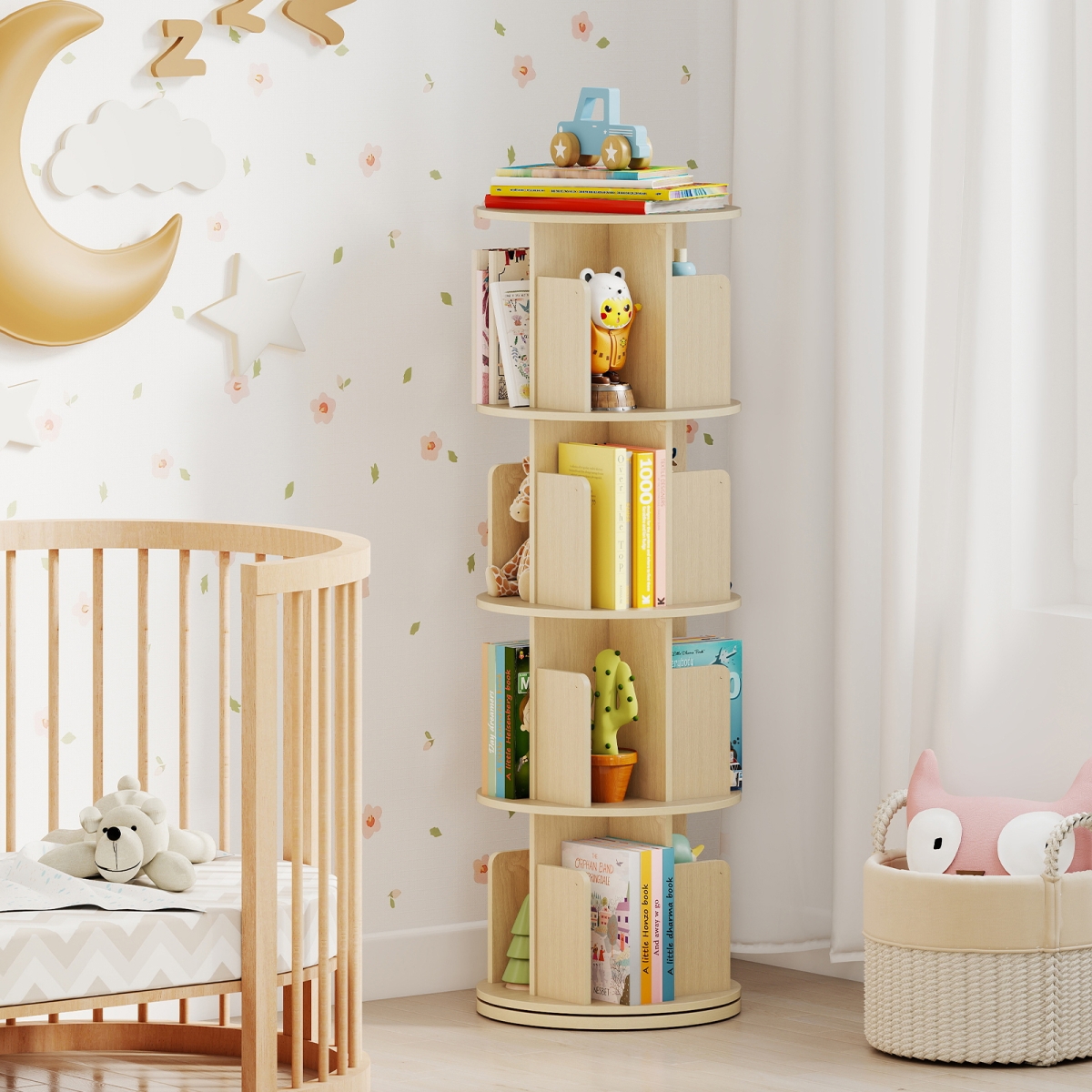 JV13366NA 4-Tier Rotating Bookshelf - 360 deg Display Rack with Dividers & Anti-Falling Baffles, Natural