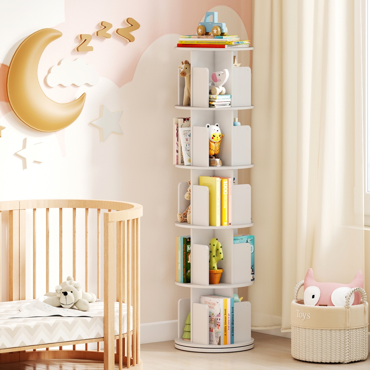 JV13367WH 5-Tier Rotating Bookshelf - 360 deg Display Rack with Dividers & Anti-Falling Baffles, White