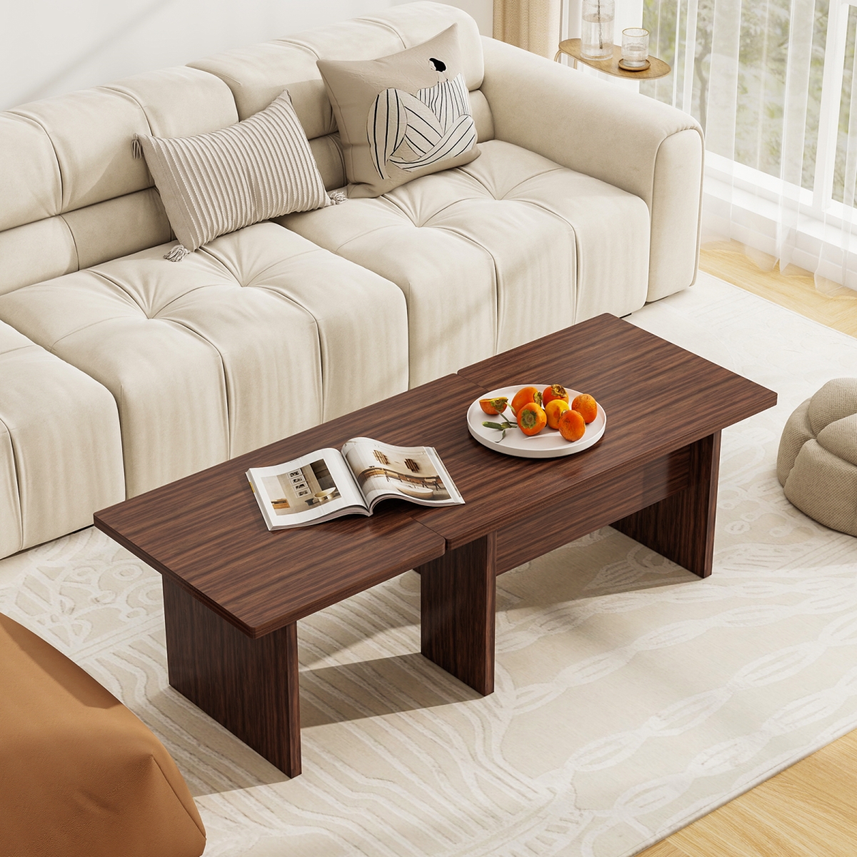 JV13392WN Modular Coffee Table - L Shaped Center Tables for Small Space, Walnut - Set of 2