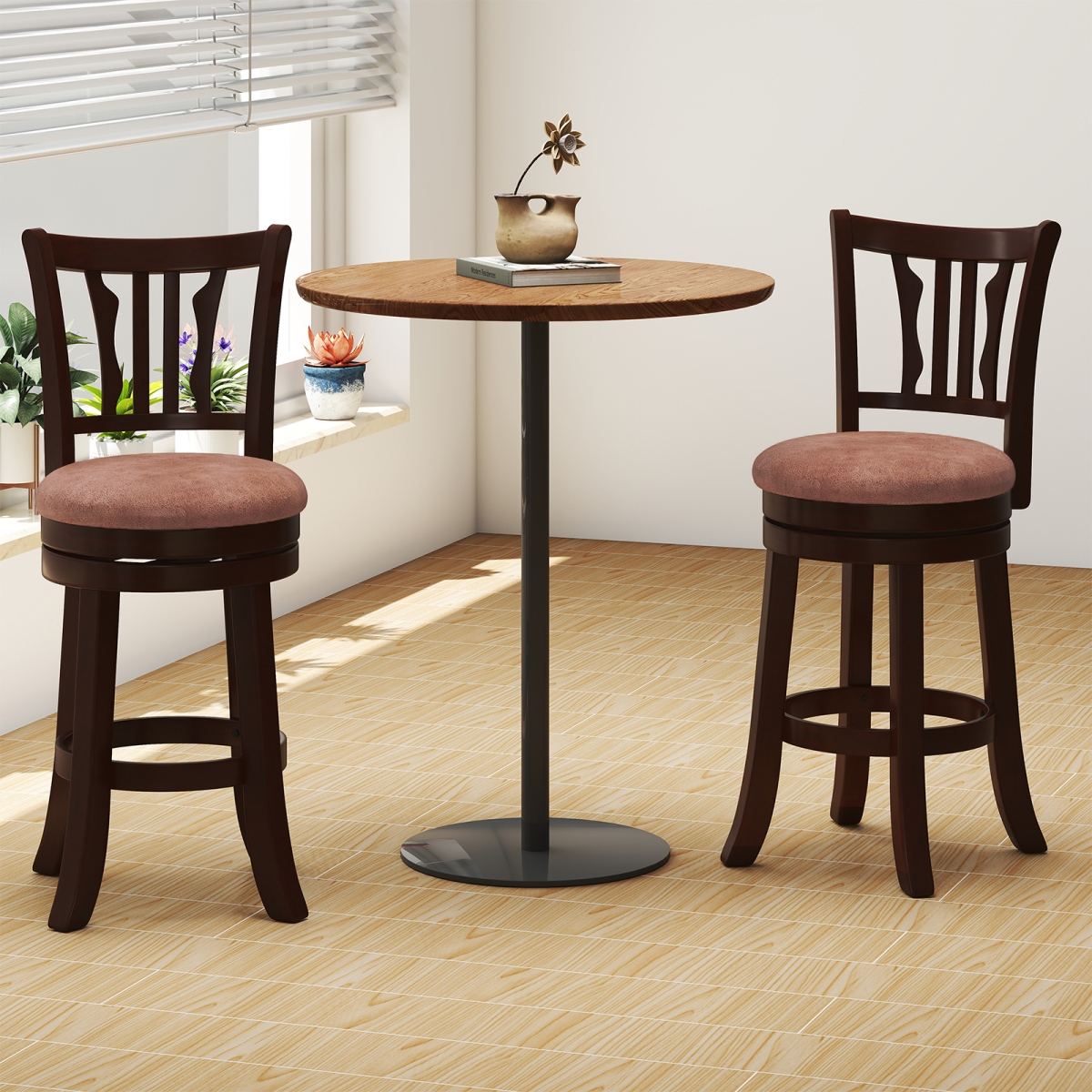 JV13459CF-24 24 in. Counter Height Swivel Bar Stools with Back & Solid Rubber Frame, Cappuccino - Set of 2