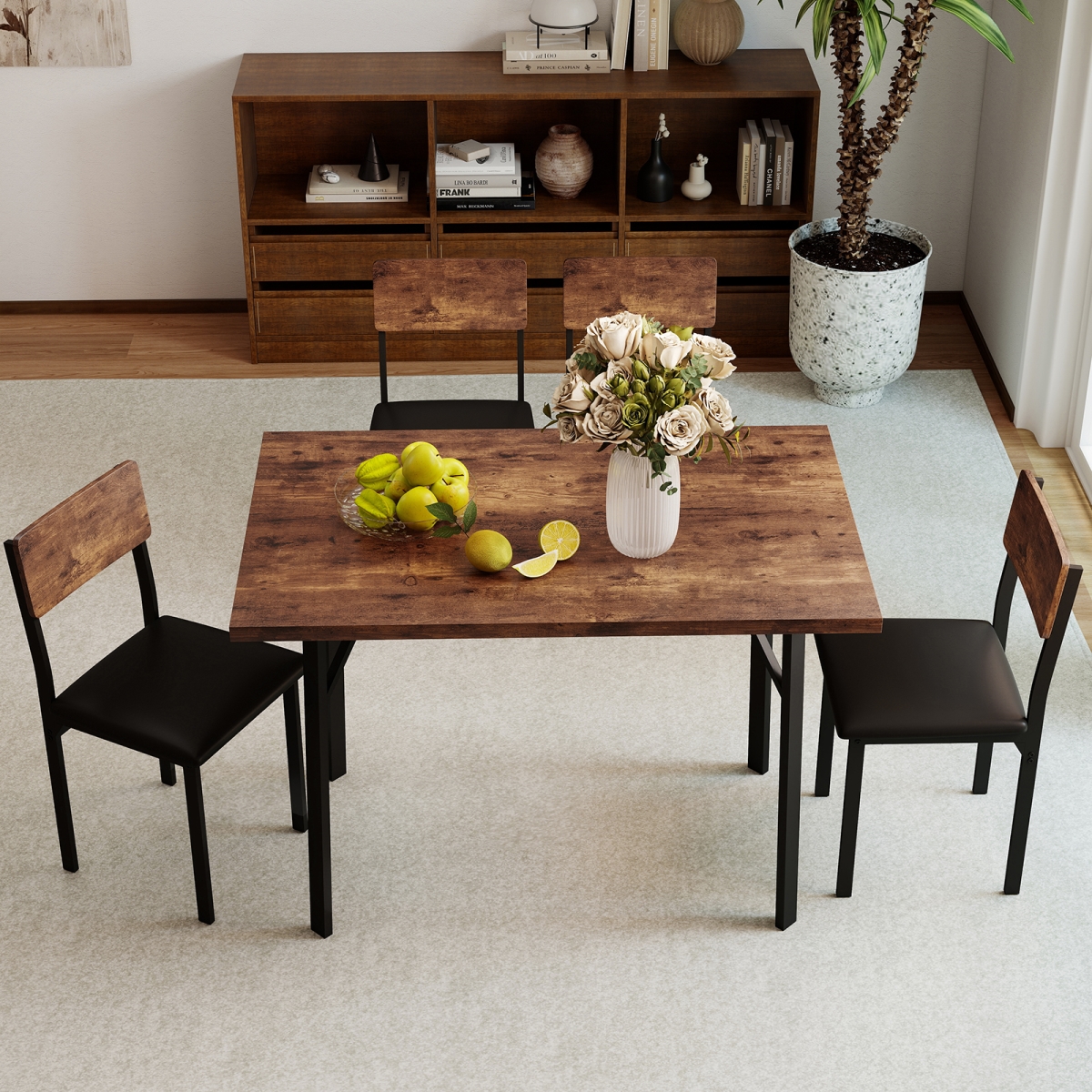 KC58418CF Dining Table Set for 4 People Industrial Kitchen Table & 4 PU Leather Chairs, Brown - 5 Piece